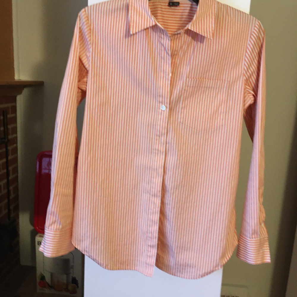 Theory cotton blend blouse in petite small.  Color is orange and white.